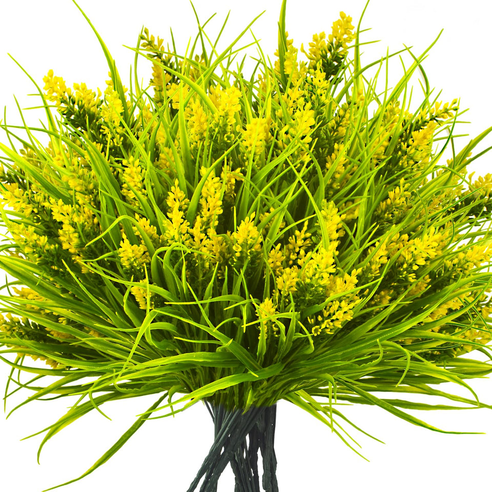 Grunyia 20 bundles of artificial monkey grass with yellow flowers for outdoor decor.