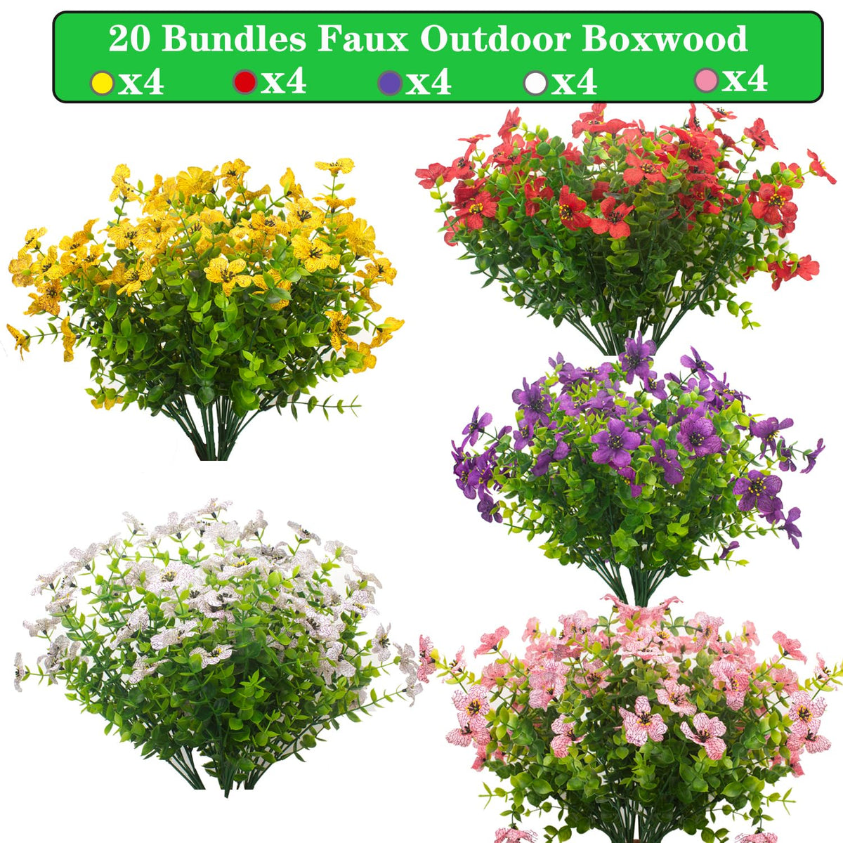 Grunyia artificial flowers in a colorful planter display for porch decoration