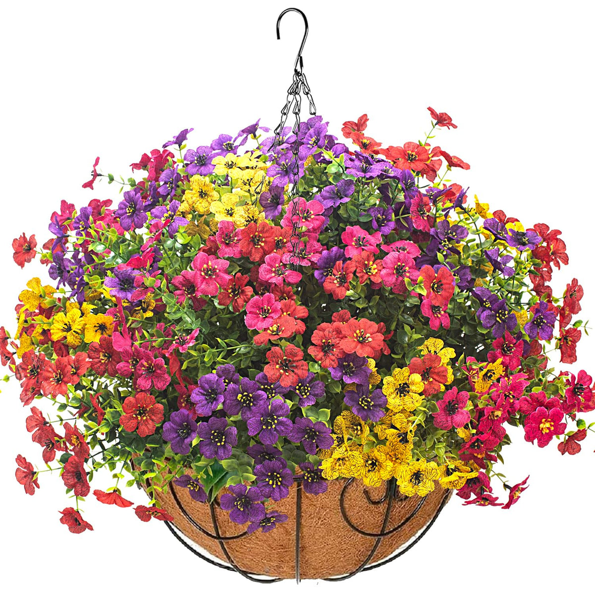 Grunyia hanging flowers basket with silk daisies and eucalyptus for year-round outdoor decor
