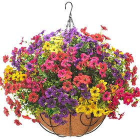 Grunyia hanging flowers basket with silk daisies and eucalyptus for year-round outdoor decor