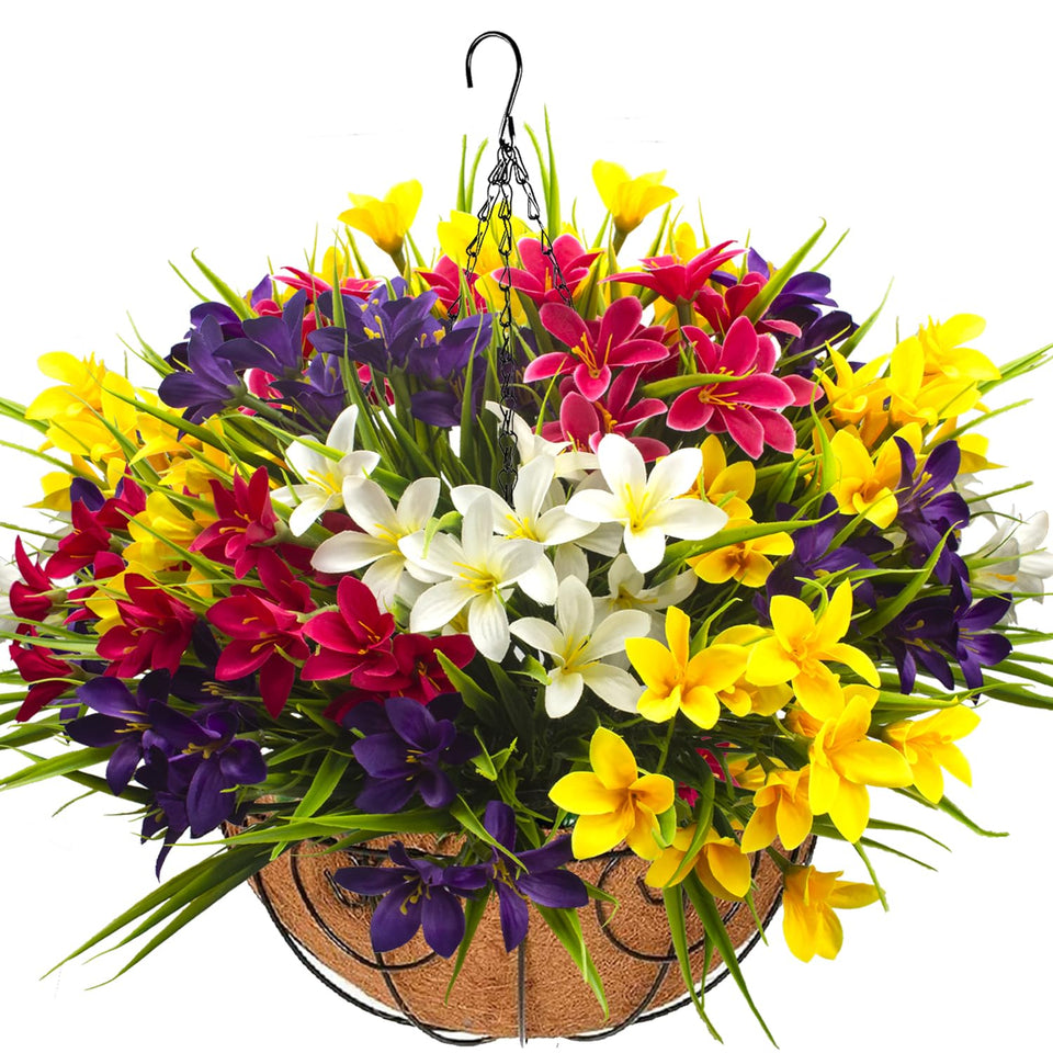 Grunyia artificial outdoor flowers hanging basket setup for quick porch transformation