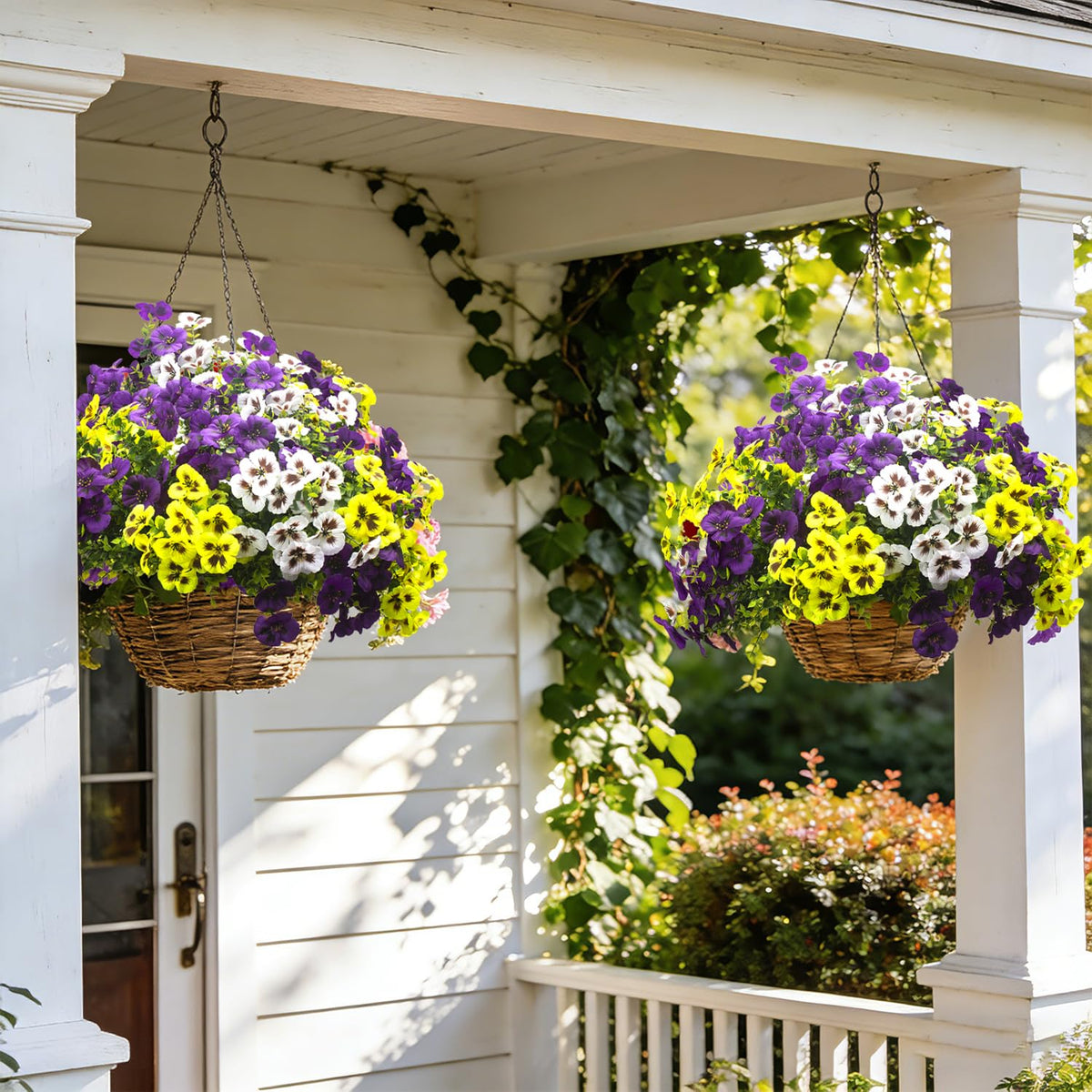 Grunyia pansy window box arrangement remains bright in weather.