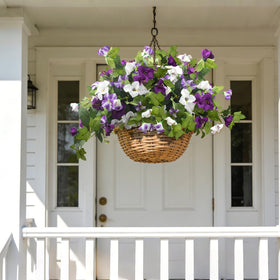 Grunyia fake petunias as dining room centerpiece for easy styling