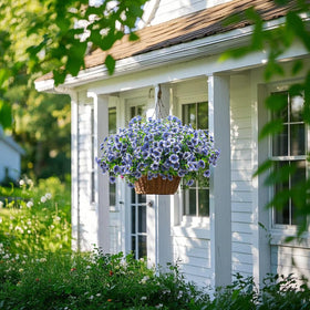 Grunyia blue daisy window box display stays vibrant in sunlight.