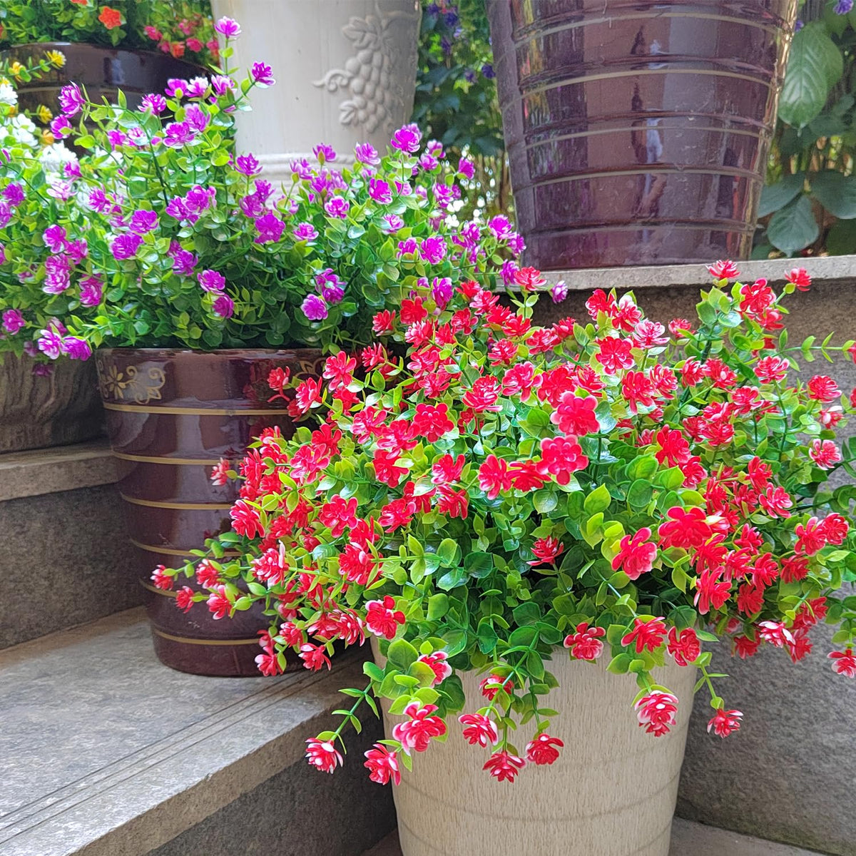 Grunyia close-up of red outdoor faux flowers for vibrant decor