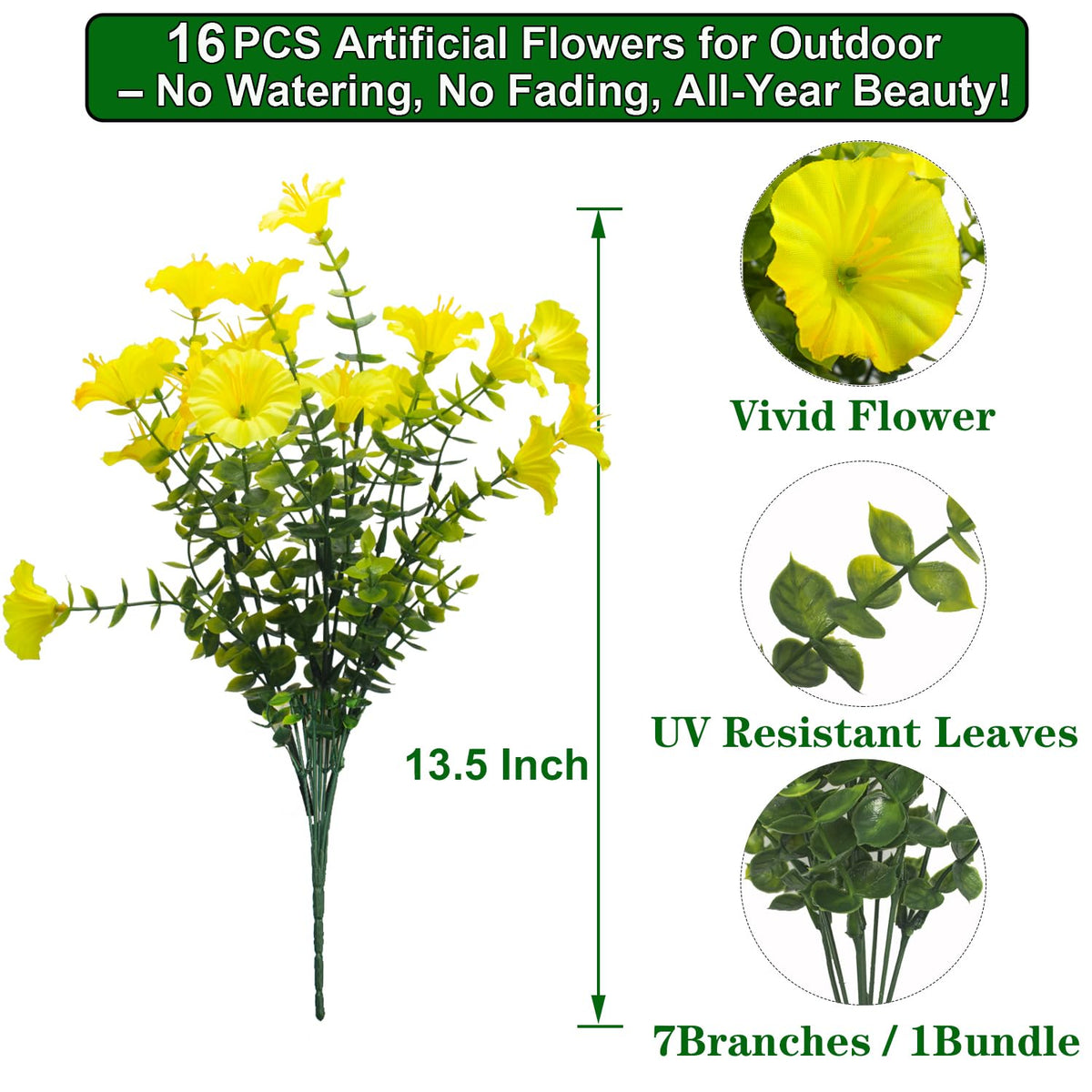 Grunyia faux morning glory yellow blooms with lush greenery for porches