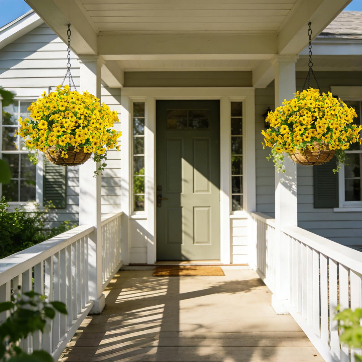 Grunyia garden border accents using yellow artificial flowers for year-round color