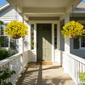Grunyia garden border accents using yellow artificial flowers for year-round color