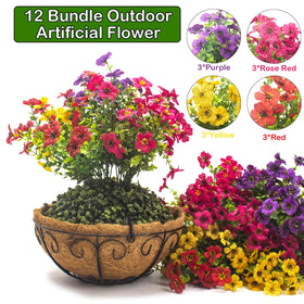 Grunyia close-up of hanging flowers basket showing daisies and eucalyptus leaves