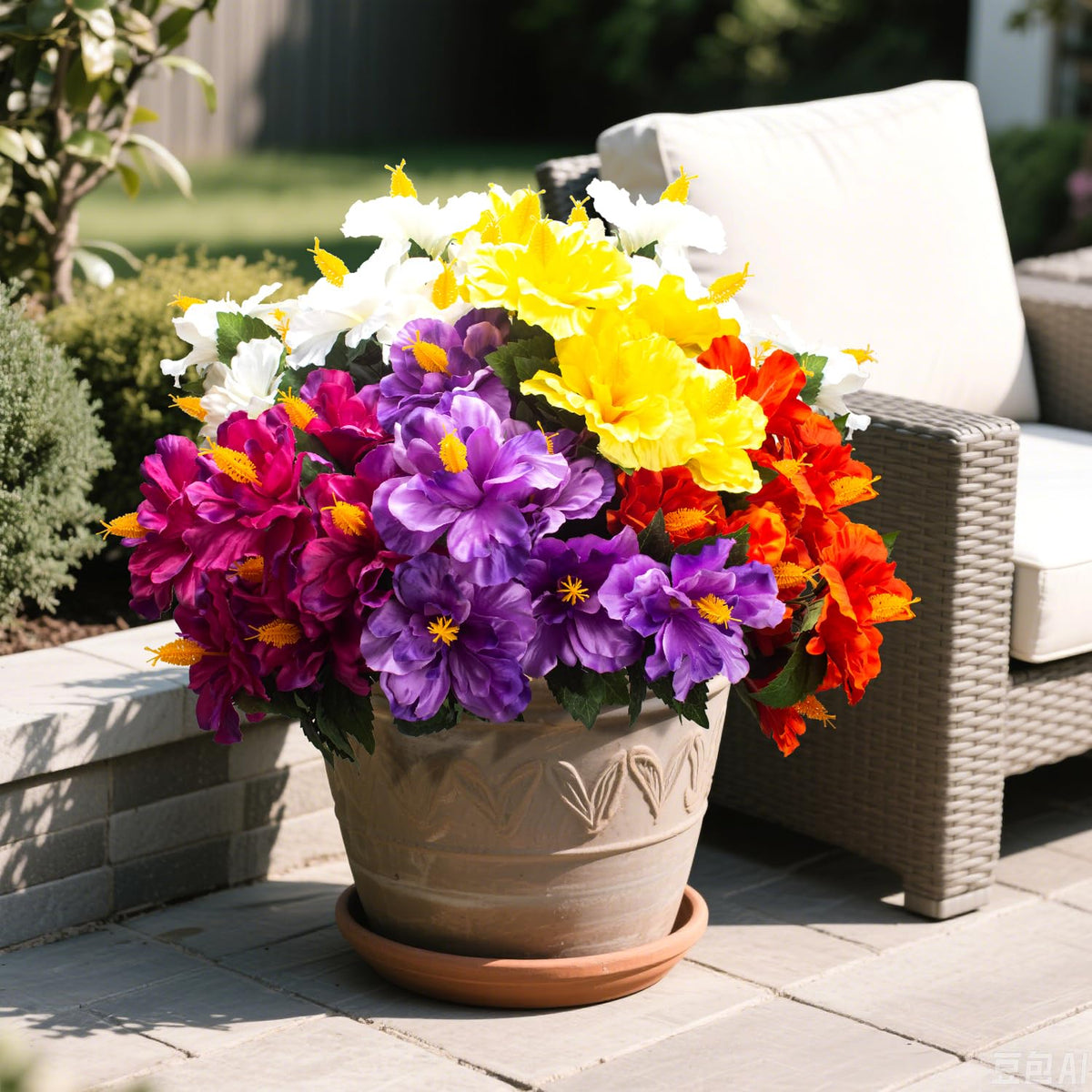 Grunyia hibiscus planter display brightens patios, porches, and window boxes