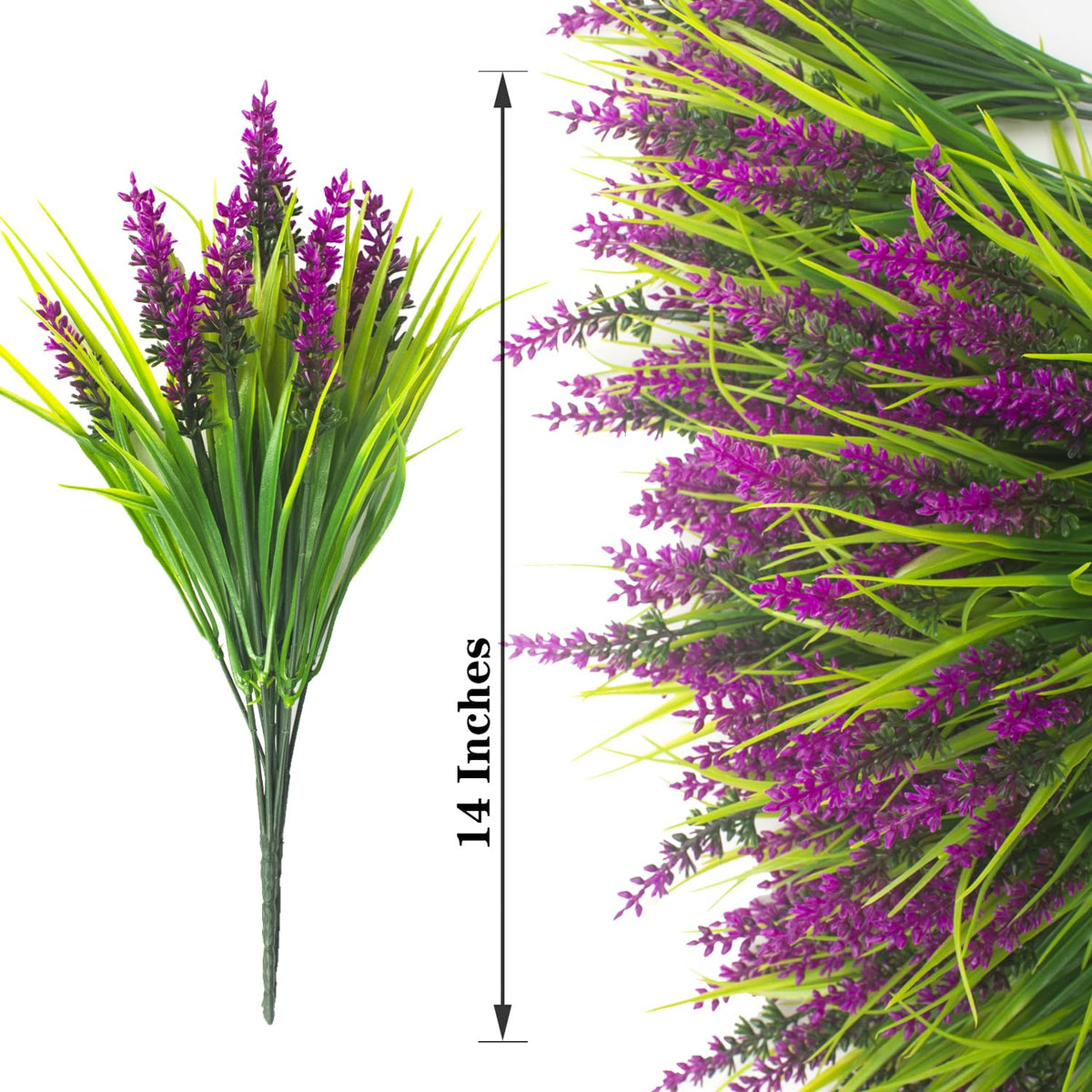 Grunyia faux monkey grass close-up; vibrant purples imitate real blooms for weddings