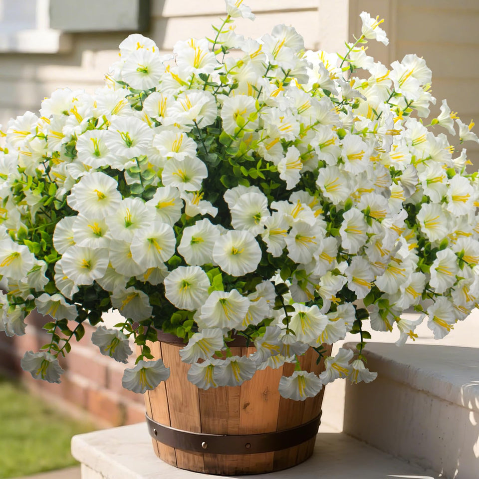 Grunyia white morning glory blooms close-up; lifelike petals for planters with year-round color.