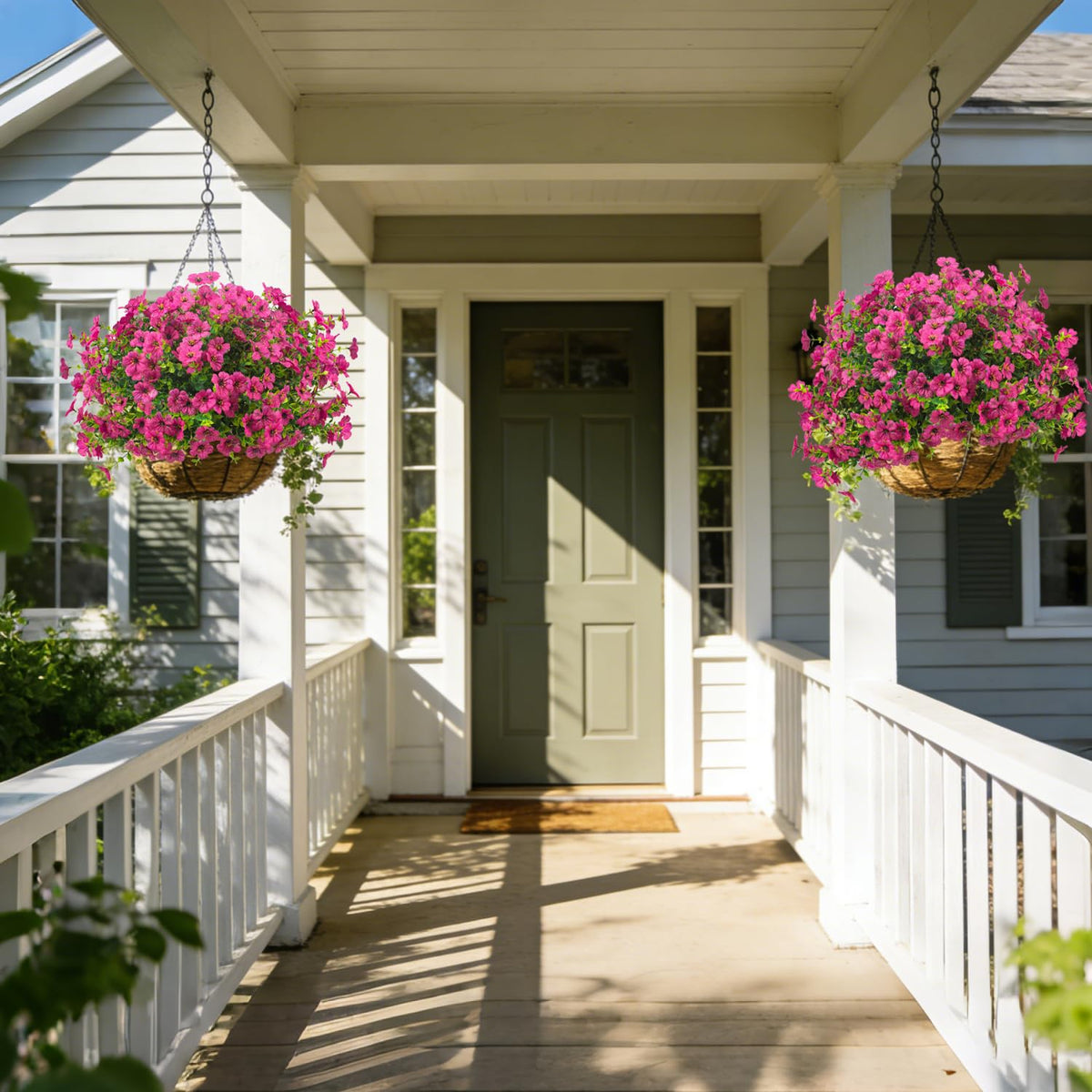 Grunyia rose-red outdoor flowers in hanging planter brighten porches.