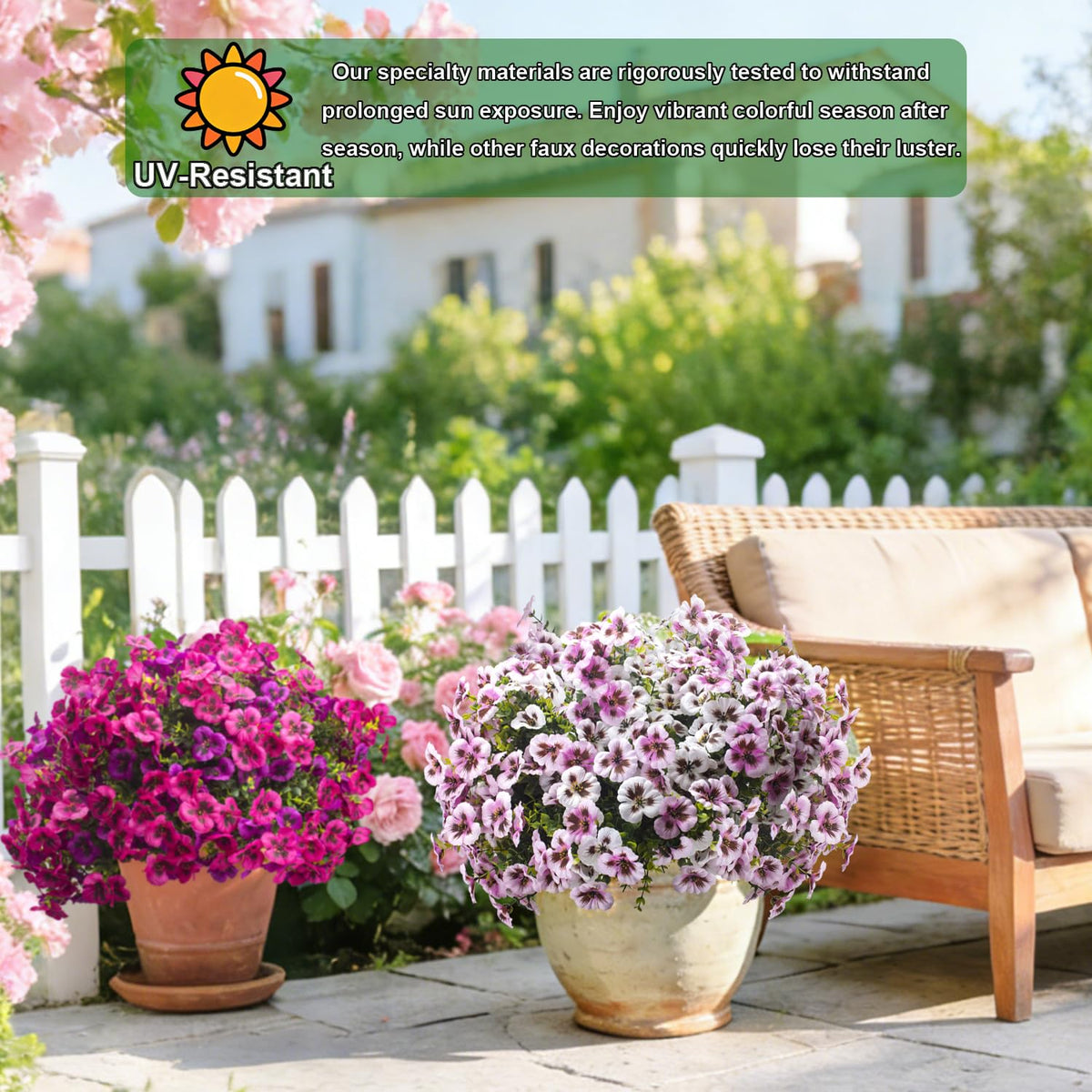 Grunyia window box display with realistic pansies for bright mornings.