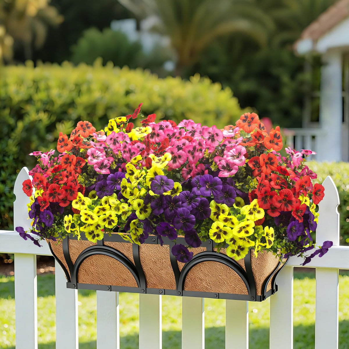 Grunyia hanging basket display with realistic-looking pansies
