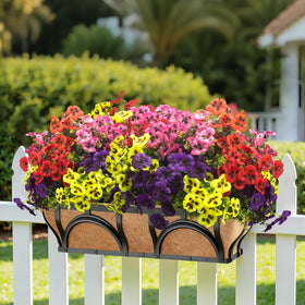 Grunyia hanging basket display with realistic-looking pansies