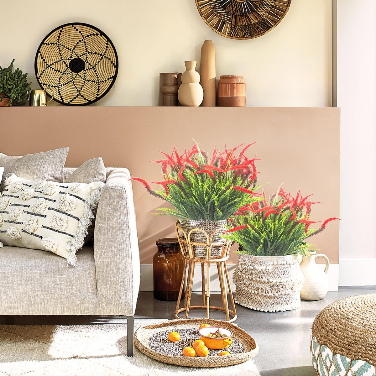 Grunyia porch and garden display using faux flowers for welcoming decor.