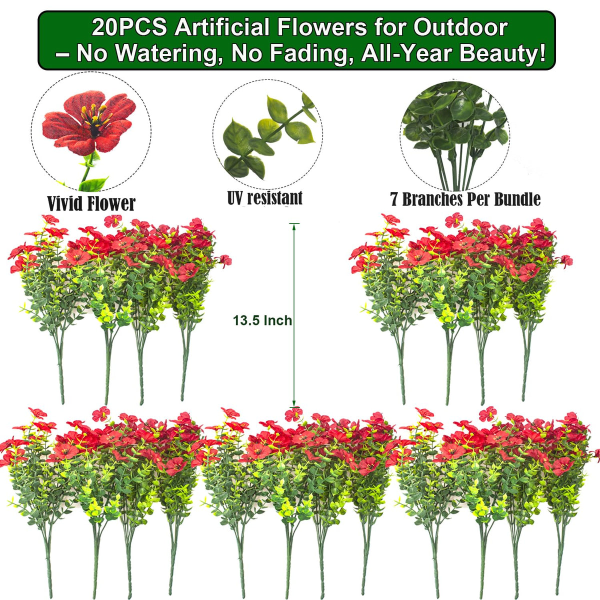 Grunyia red artificial flowers on stakes with UV-resistant color retention.