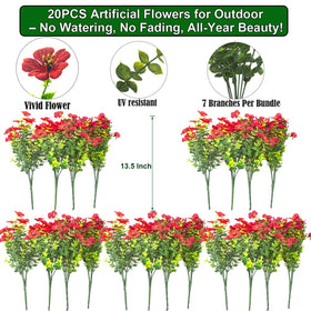 Grunyia red artificial flowers on stakes with UV-resistant color retention.
