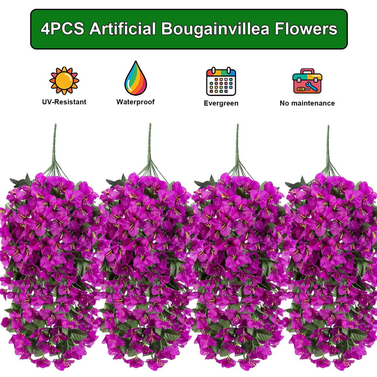 Grunyia silk and plastic bougainvillea for hanging planters.