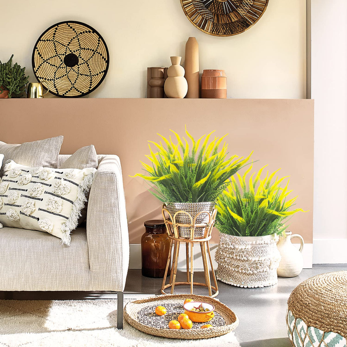 Grunyia UV-resistant artificial grass and yellow blooms resist sun fade.