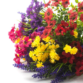 Grunyia waterproof, fade-proof hanging plants ideal for year-round outdoor arrangements.