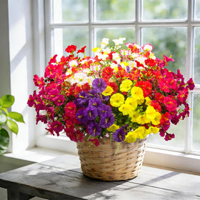 Grunyia weatherproof morning glory arrangement, bright colors enduring heavy sun and rain.