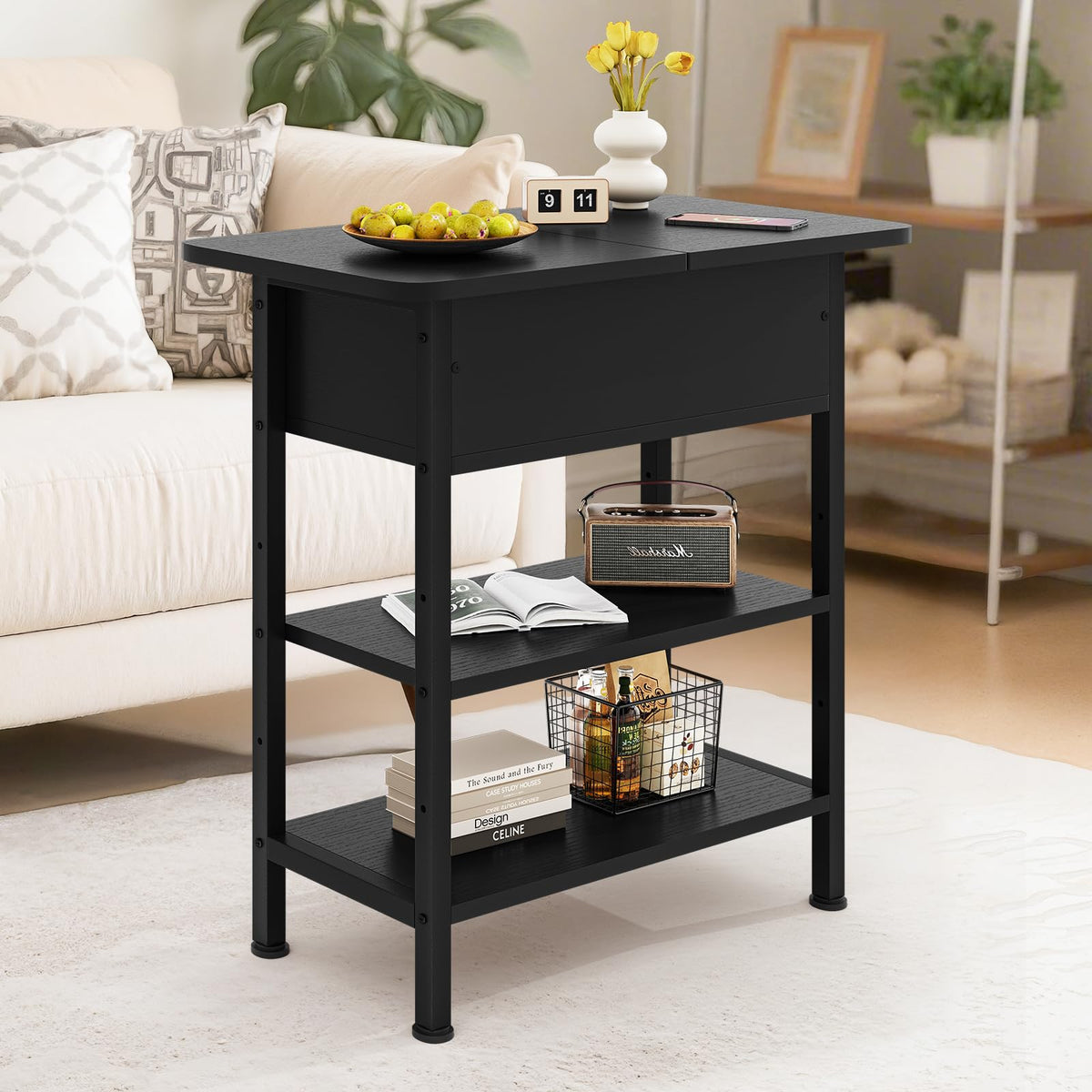 GRUSIGN end table compact footprint and black finish fits small spaces.