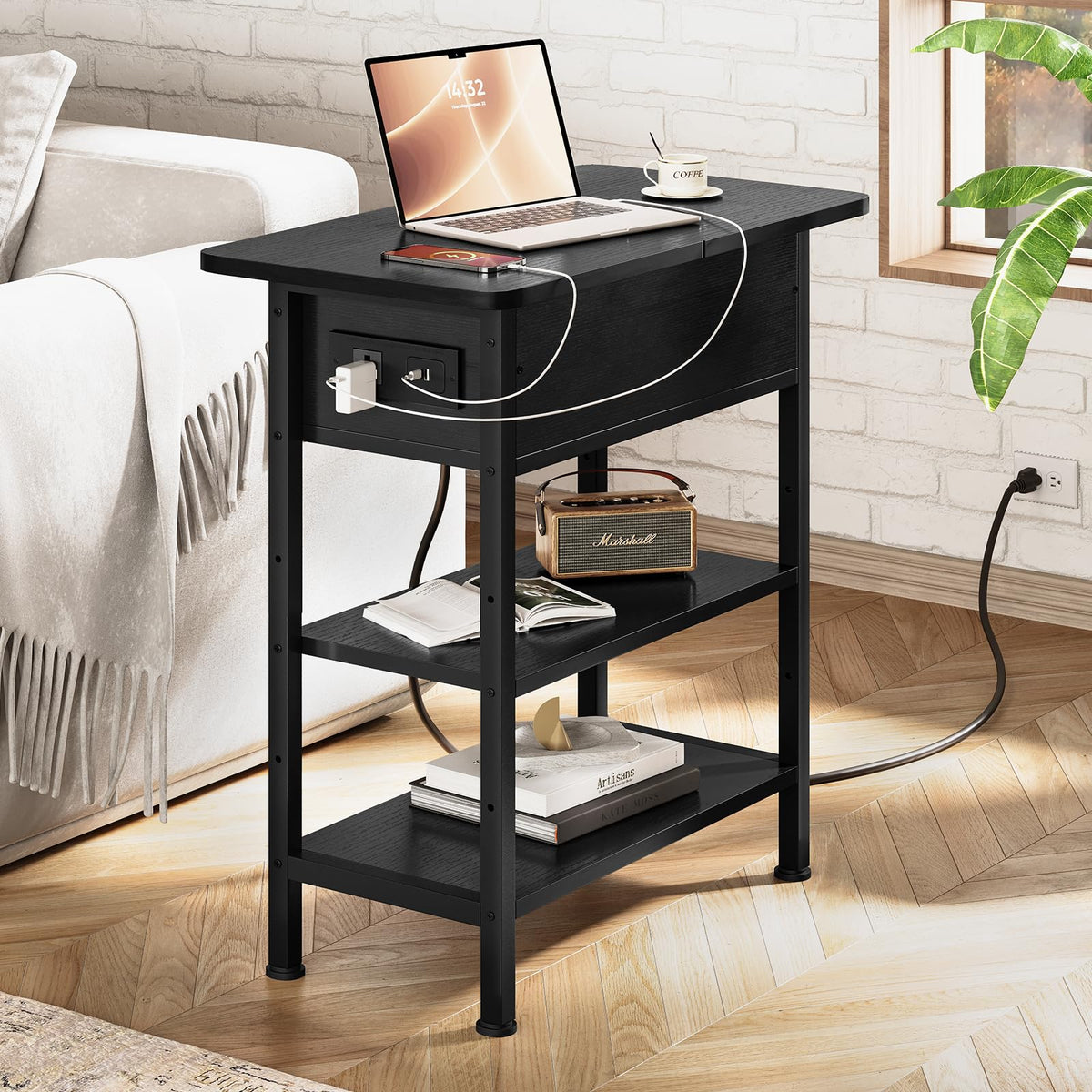 GRUSIGN end table flip-top drawer provides concealed remote and accessory storage.
