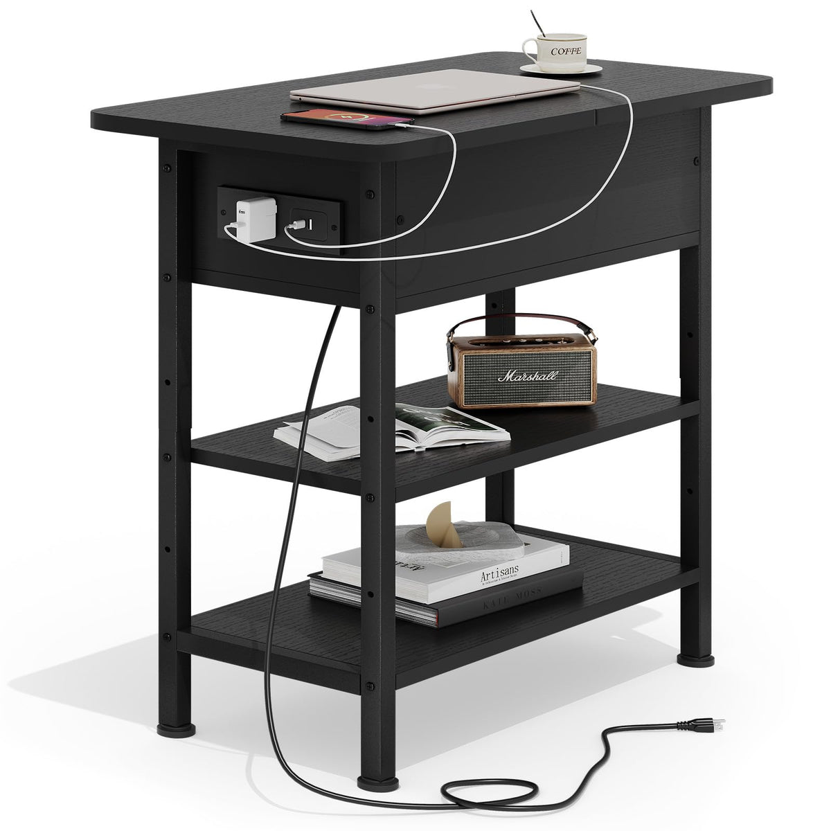 GRUSIGN end table with charging station beside sofa offering powered devices within reach.