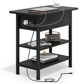 GRUSIGN end table with charging station beside sofa offering powered devices within reach.