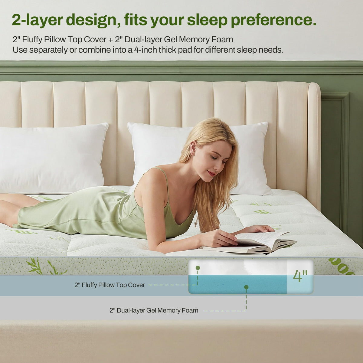 GRUSIGN queen topper bamboo viscose cover texture for breathable sleep.
