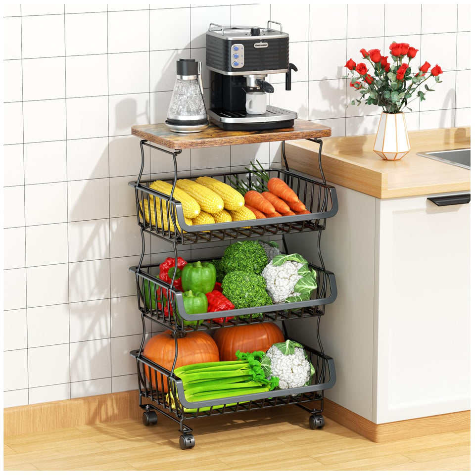 Gsiekare 4-tier fruit-vegetable basket with wood top keeps produce organized and dust-free