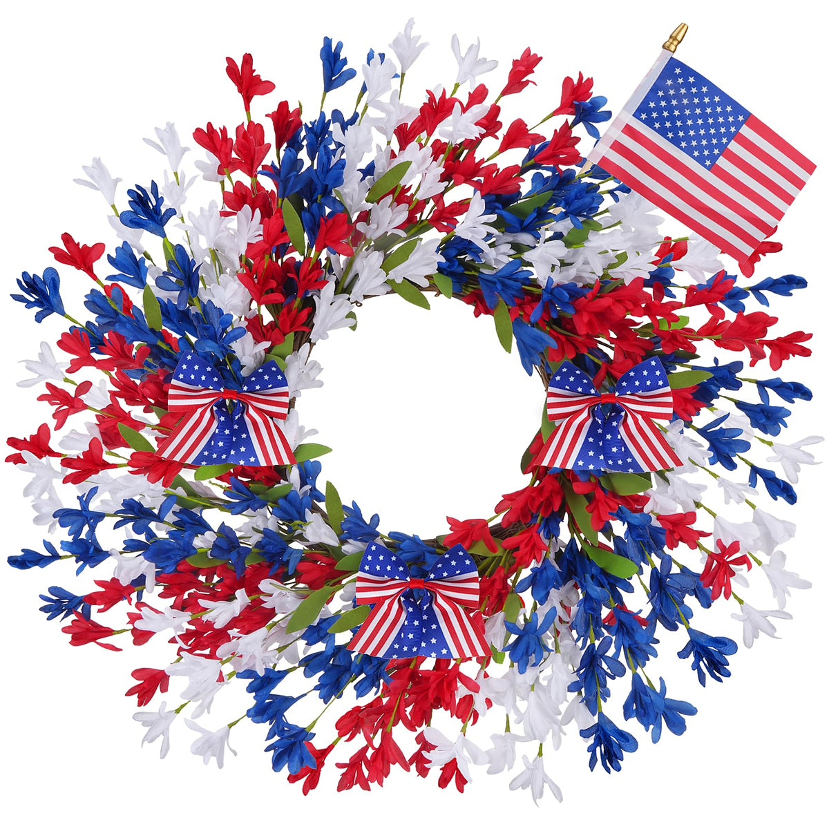 GTIDEA 24-inch patriotic front door wreath enhances curb appeal with bold colors.