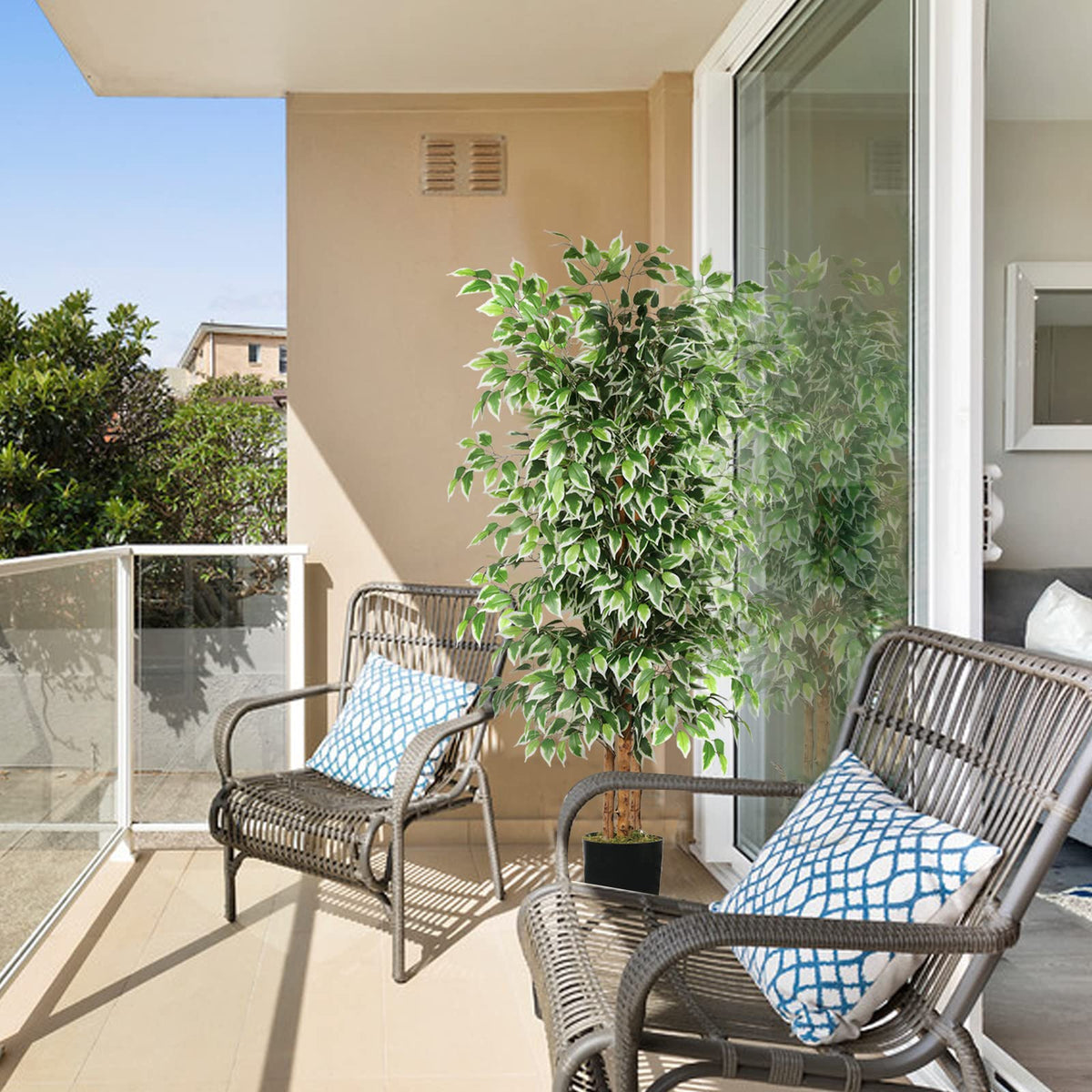 GTIDEA living room decor ficus tree provides height and lush greenery.