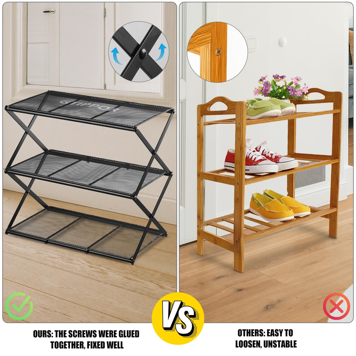 GTIPPOR black shoe rack with sleek finish fitting small spaces.