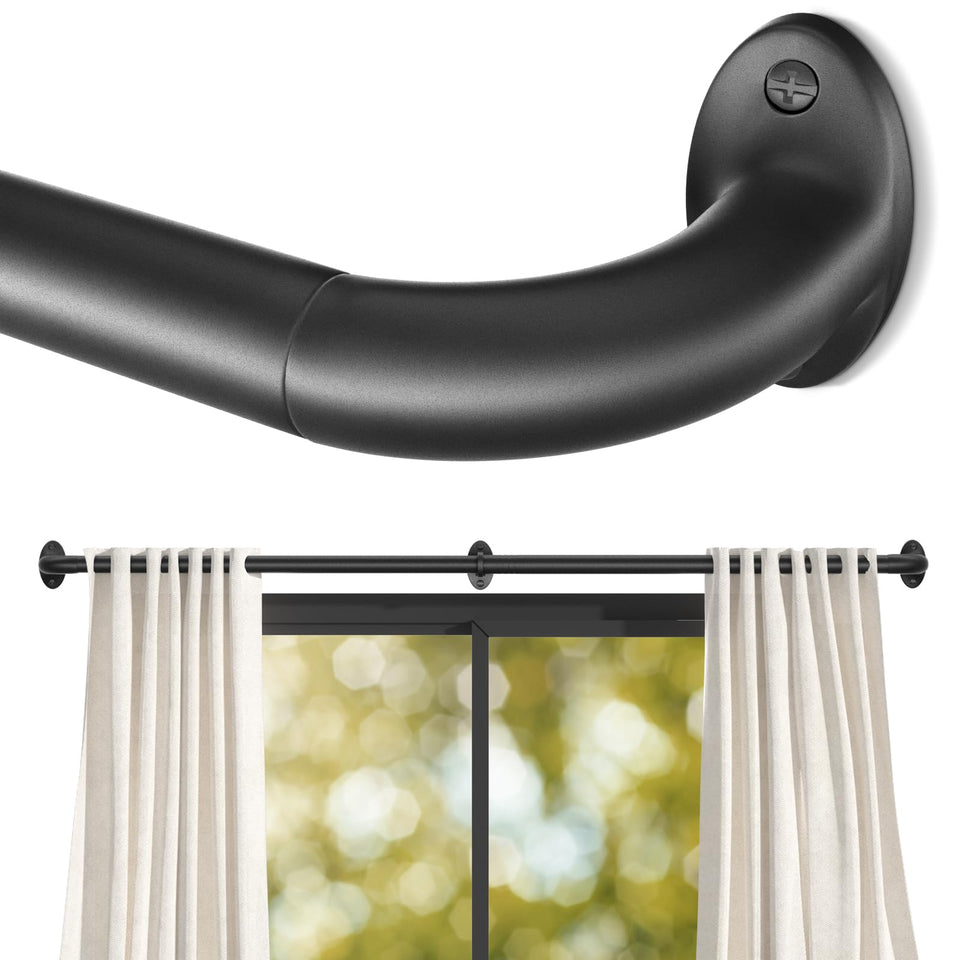 GTJ wrap-around curtain rod curved design sits flush to wall for improved blackout.
