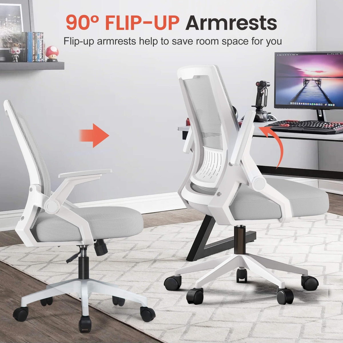 GTPLAYER chair armrests in flip-up mode saving desk space