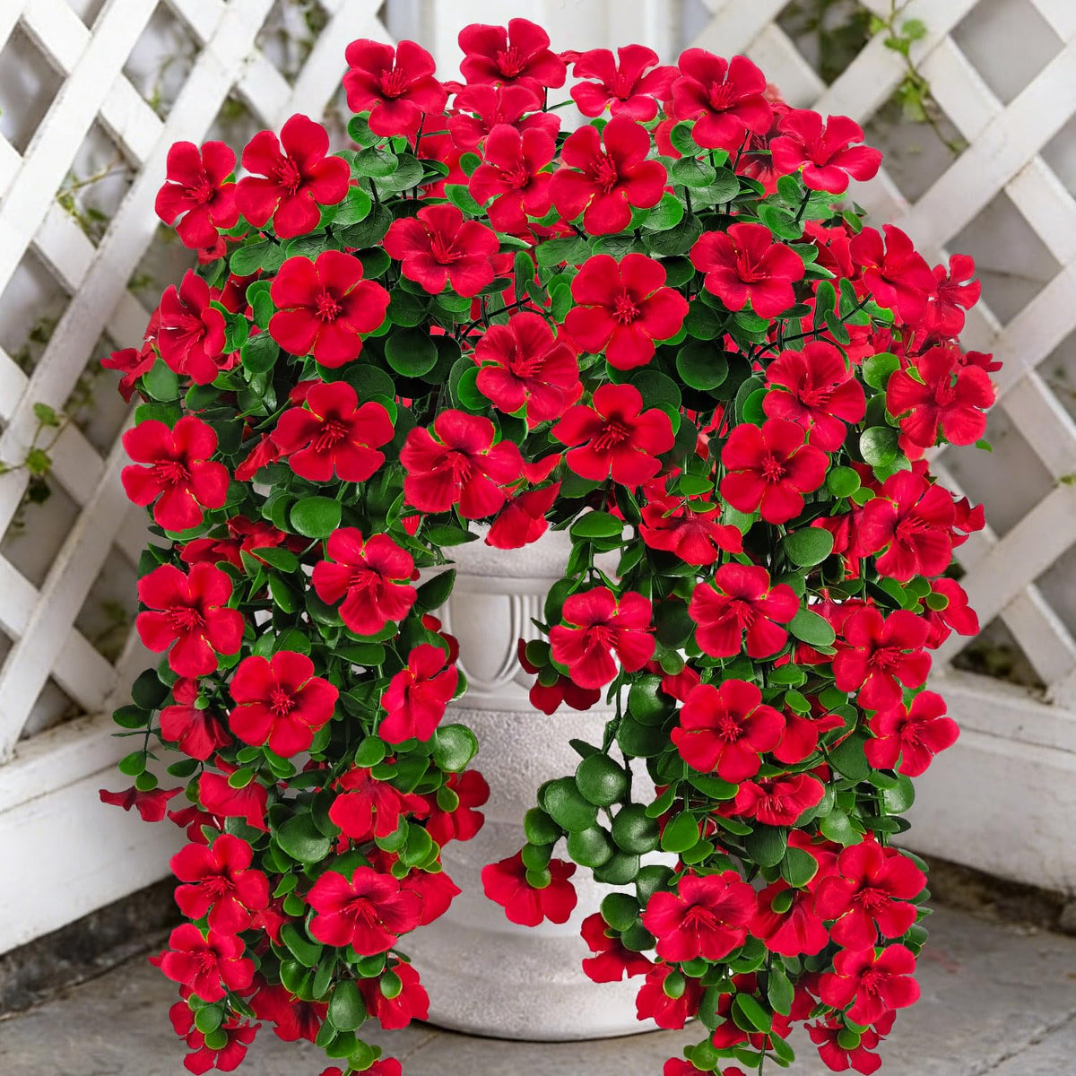 Guagb red hanging geraniums, 28.74-inch length, ideal for year-round porch decor.