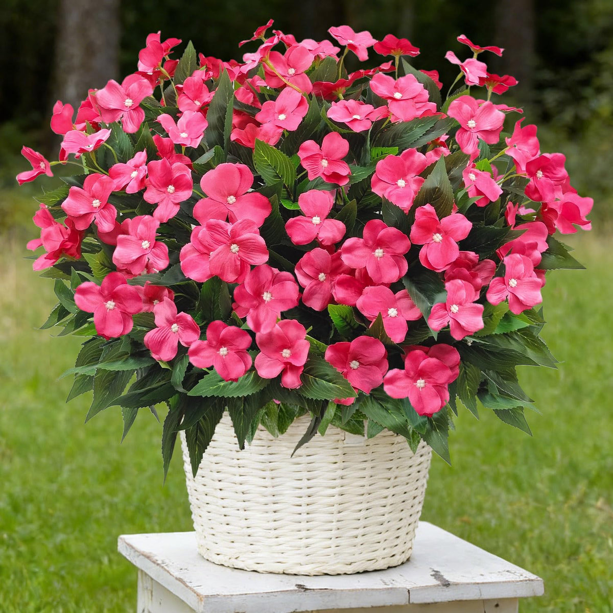 Guagb outdoor impatiens rose red closeup showing lifelike petals for porch decor.
