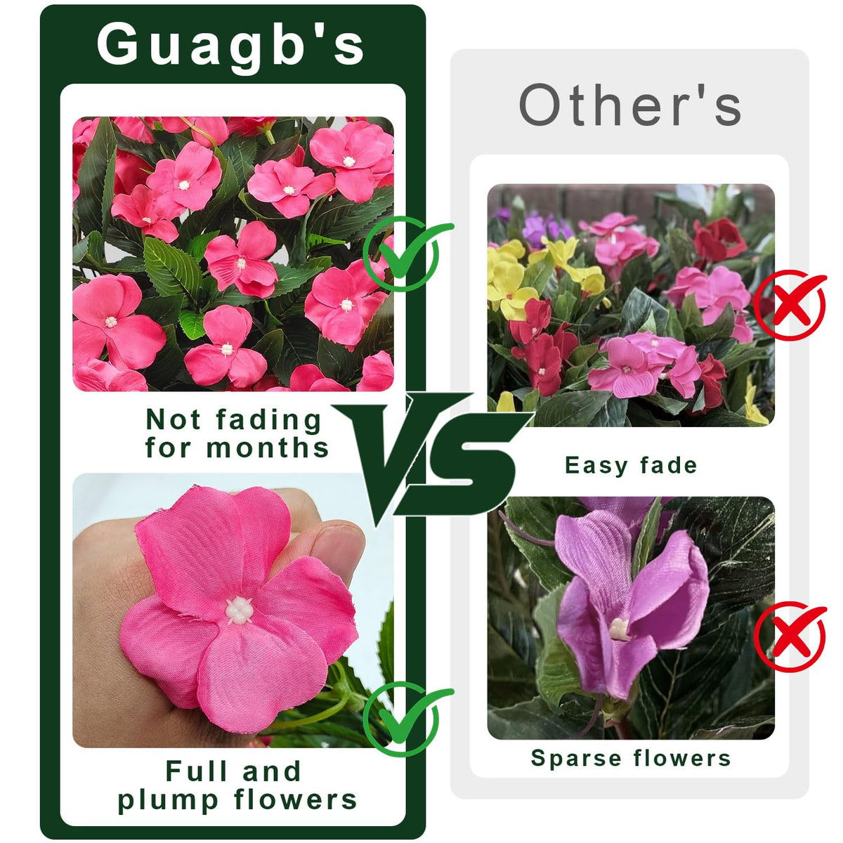 Guagb outdoor impatiens rose red front porch setup with realistic leaves.