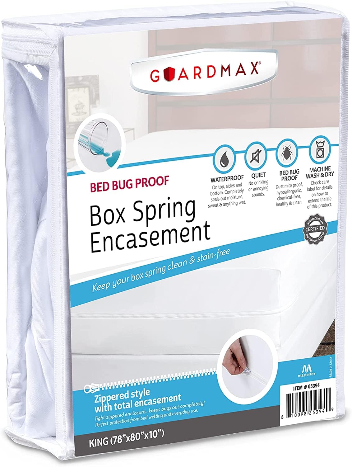 Guardmax Premium Box Spring Cover encases king-size box spring with secure weatherproof zipper.