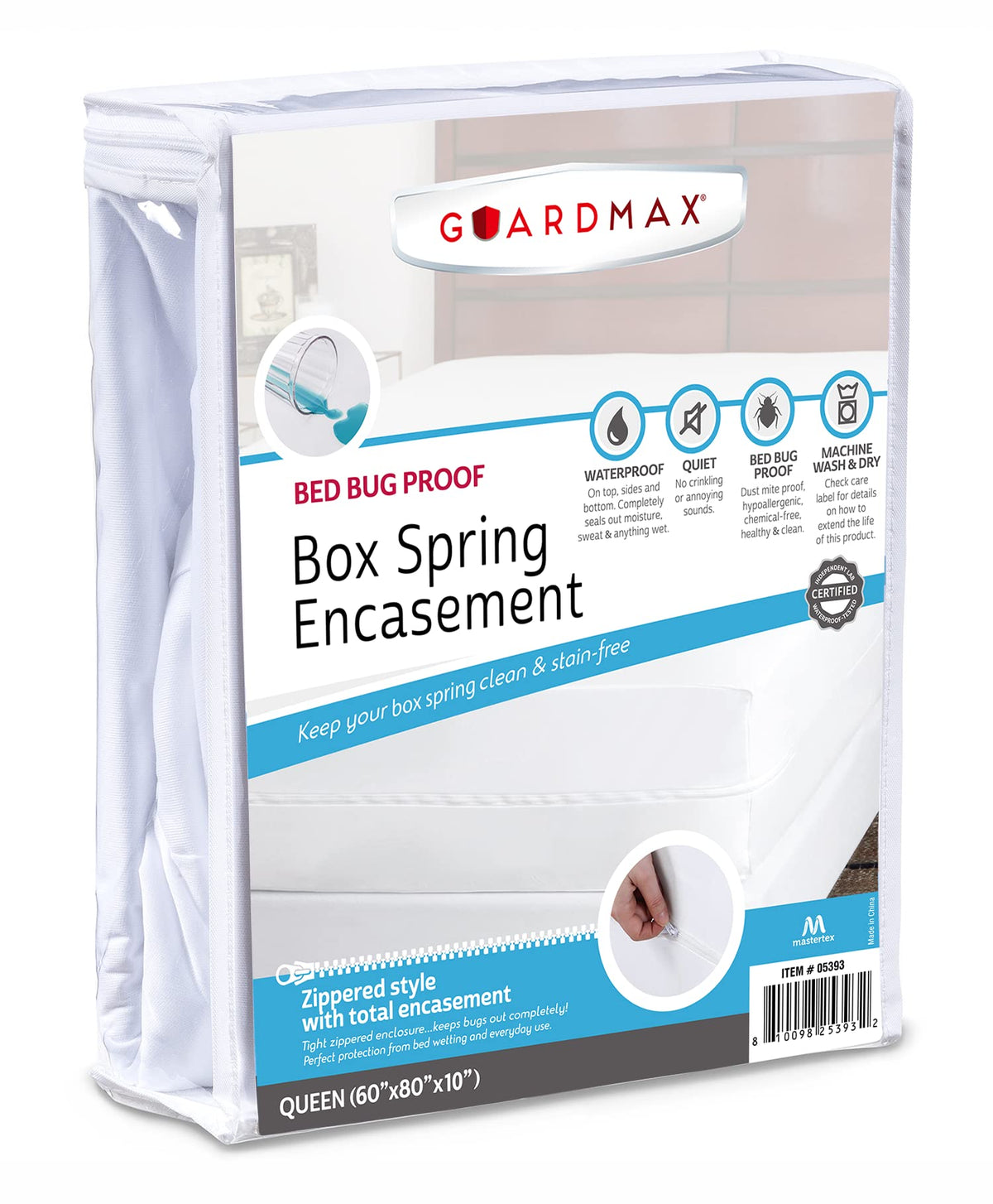 Guardmax premium box spring cover featuring zippered encasement on queen bed for full protection