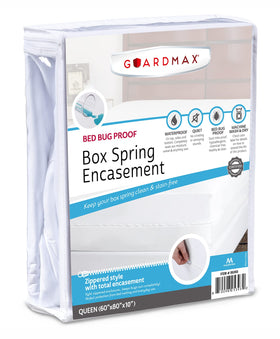 Guardmax premium box spring cover featuring zippered encasement on queen bed for full protection