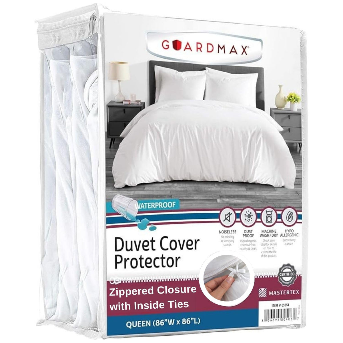 Guardmax waterproof duvet cover with jersey top layer for snug duvet fit.