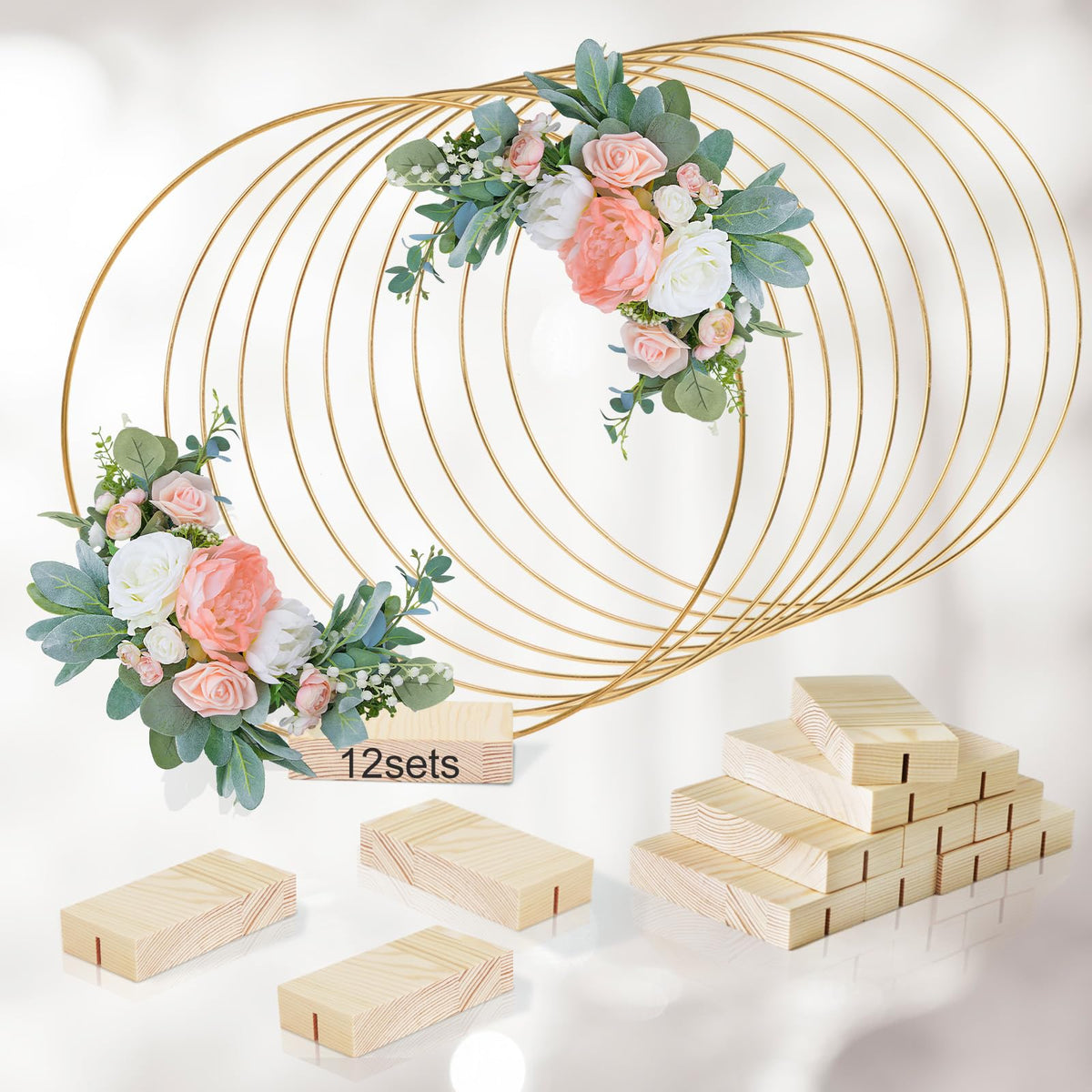 GUDELAK floral hoop 12inch with gold finish and wood base for elegant wedding centerpieces.
