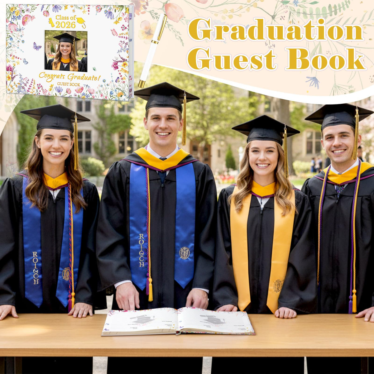 Gueevin floral detailing on the cover adds a refined graduation touch