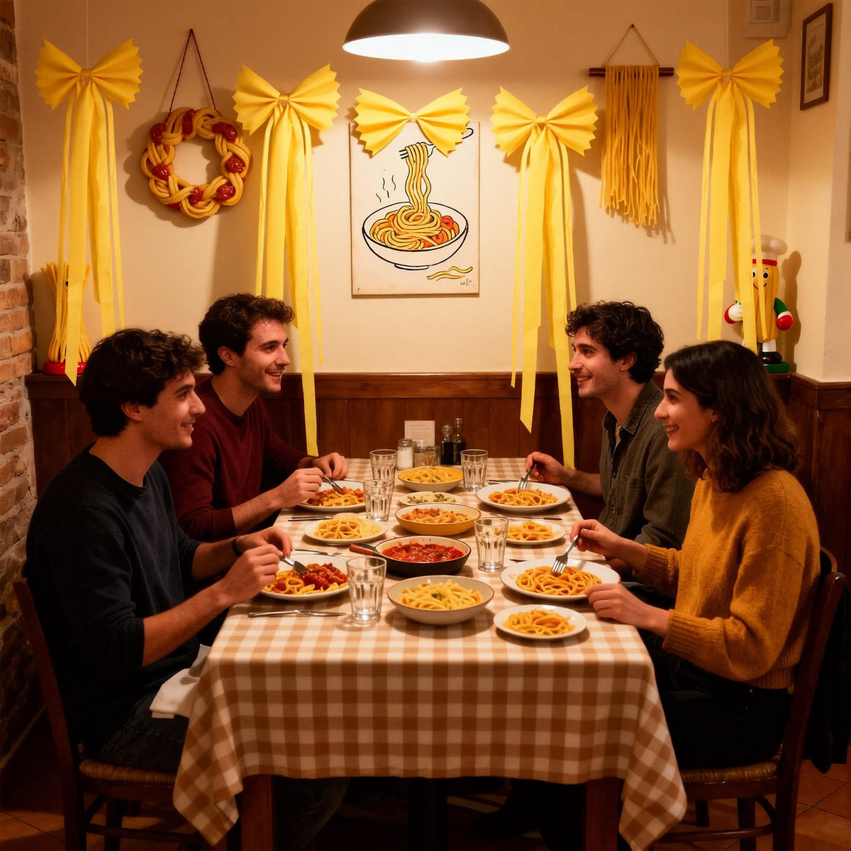 Yellow Gueevin pasta bow decorating a wall for Italian themed party