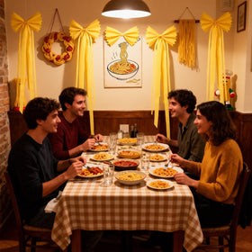 Yellow Gueevin pasta bow decorating a wall for Italian themed party