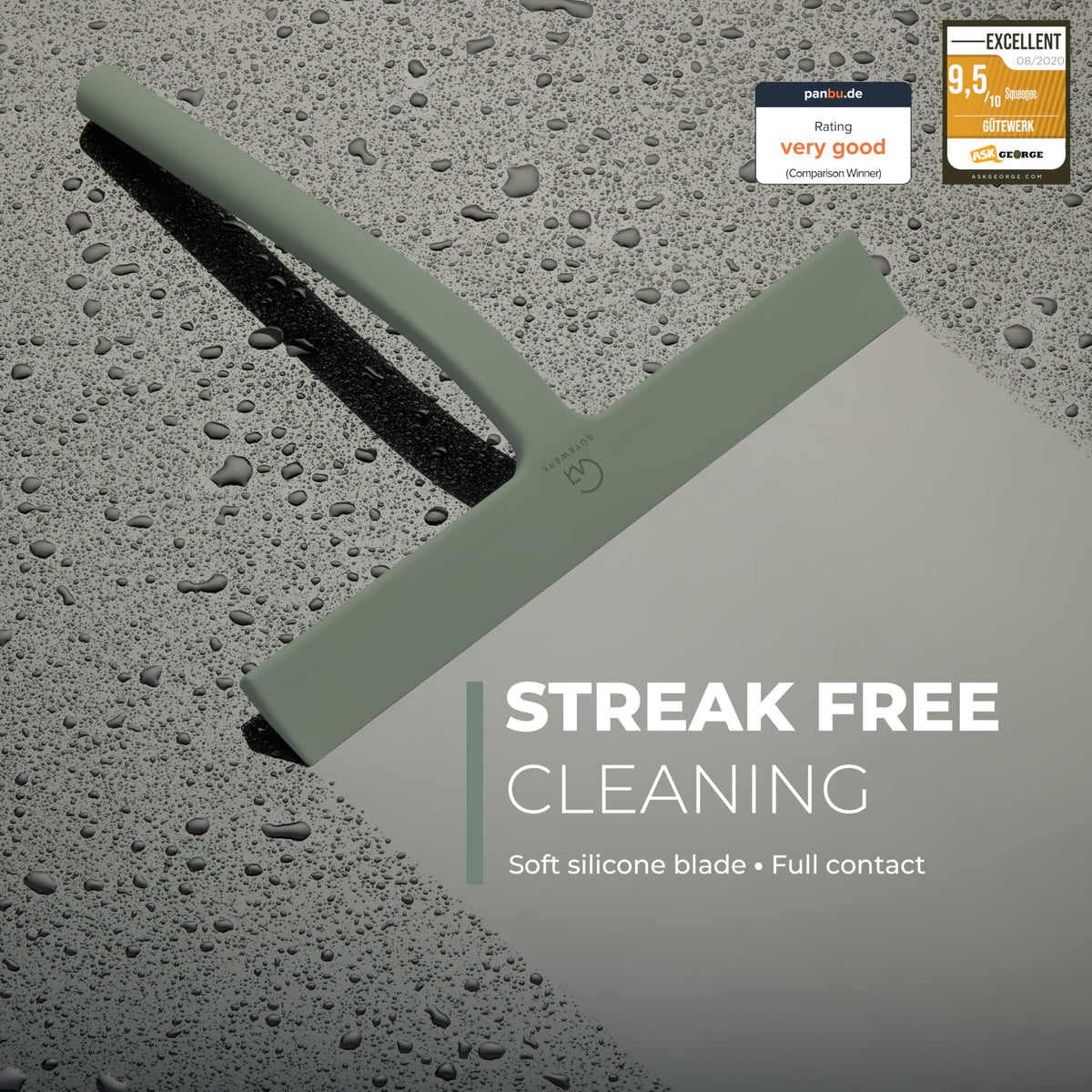 GÜTEWERK blade close-up shows flexible silicone for easy soap film removal.